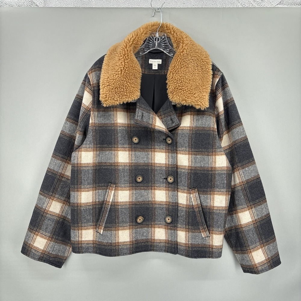Garnet Hill Jacket Womens XL Gray Plaid Wool Pea Coat Sherpa Removable Collar
